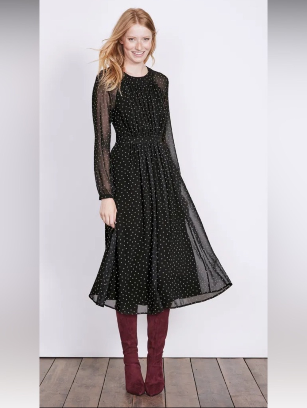 Boden Midi Dress Size 2R Black Tan Polka Dot Sheer Sleeve Zip Cinched Romantic